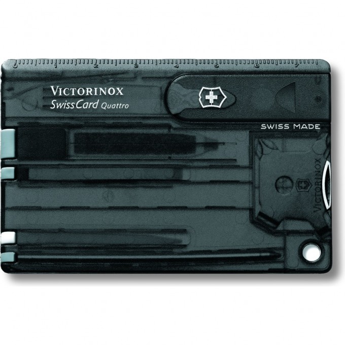 Швейцарская карточка VICTORINOX SwissCard Quattro, 14 функций, полупрозрачная чёрная 0.7233.T3